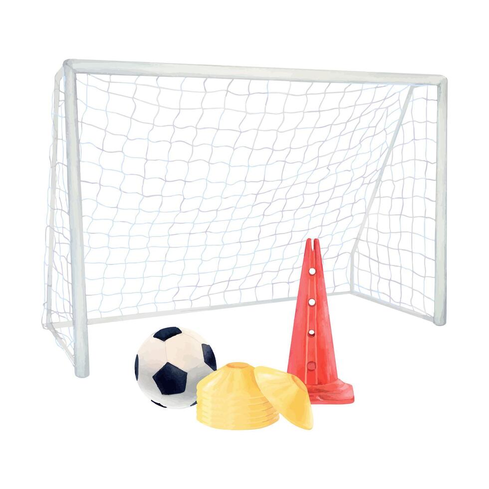 Soccer football goal net watercolor drawing. Cone gate mesh ball. Sports gear train team. Competition penalty match goalkeeper vector