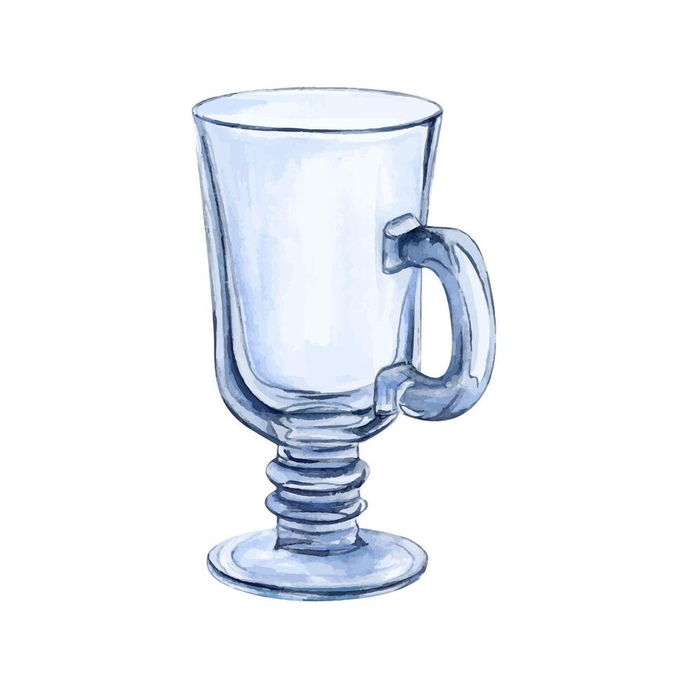 Glass cup watercolor drawing. Glassware transparent on leg. Drinkware aquarelle isolated white background. Goblet clear utensil tableware. Glassful tumbler vial. Tea drink coffee vector