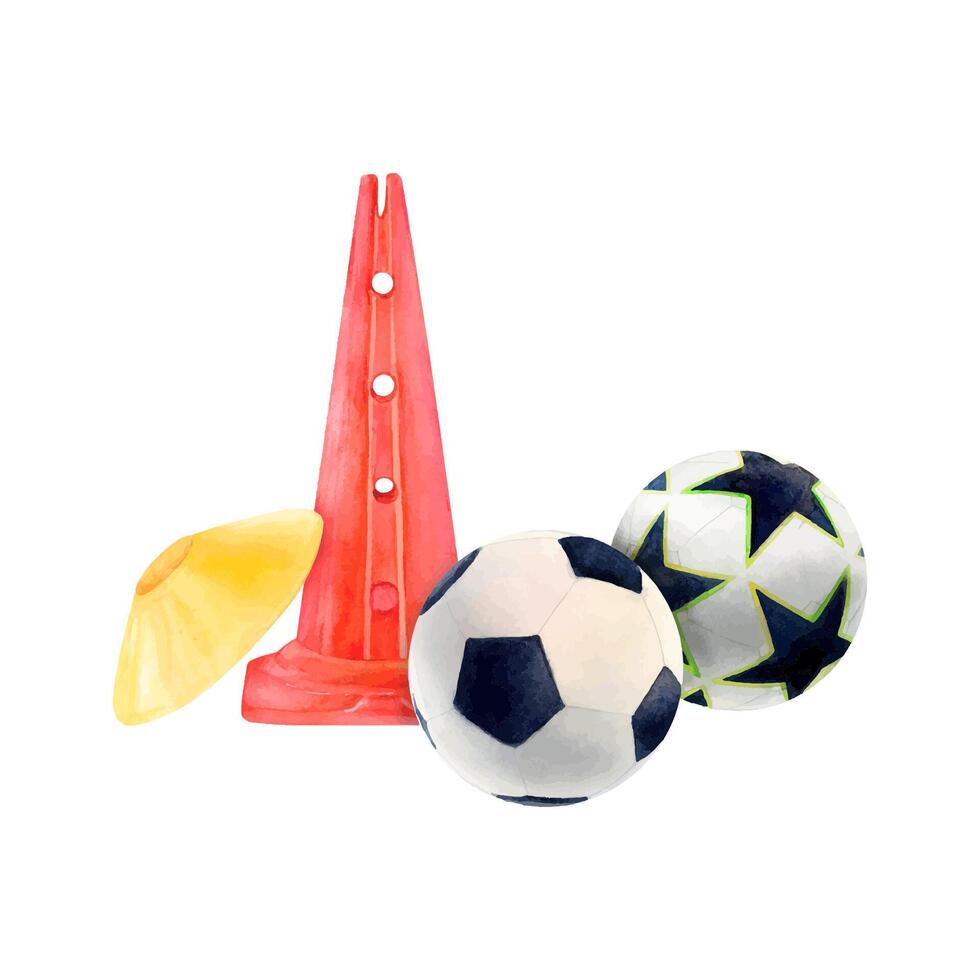 Soccer football cone watercolor vector. Red yellow ball. Sports gear train team. Competition safety barrier match goalkeeper vector