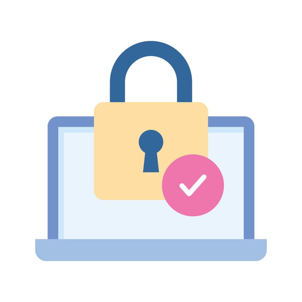 Check mark on padlock with laptop denoting verified security flat icon vector