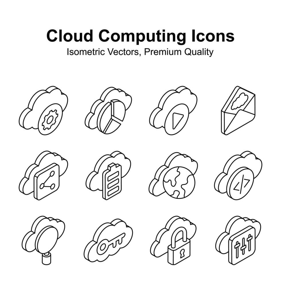 Get your hold on this creative cloud computing isometric vectors set, ready for premium use