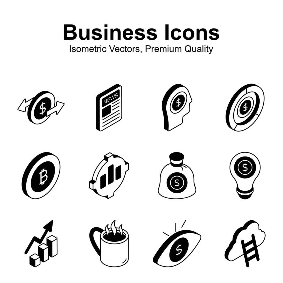 Get this amazing business and finance icons set in trendy isometric style, ready to use in websites and mobile apps vector