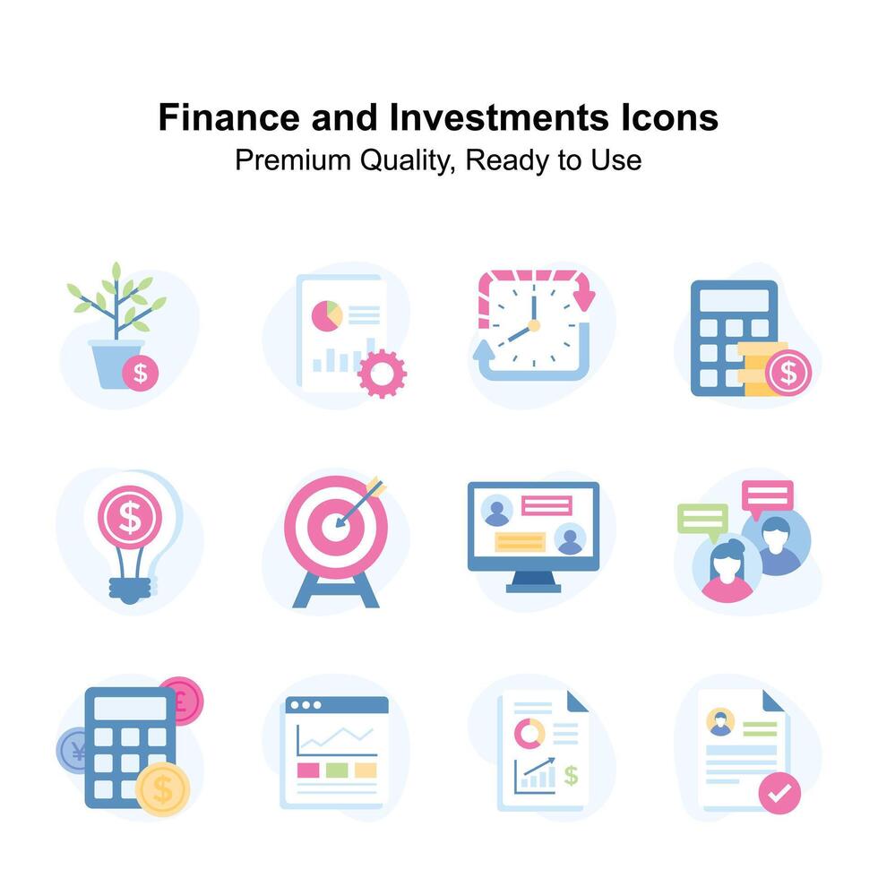 Finance and investment flat style vectors set, up for premium use