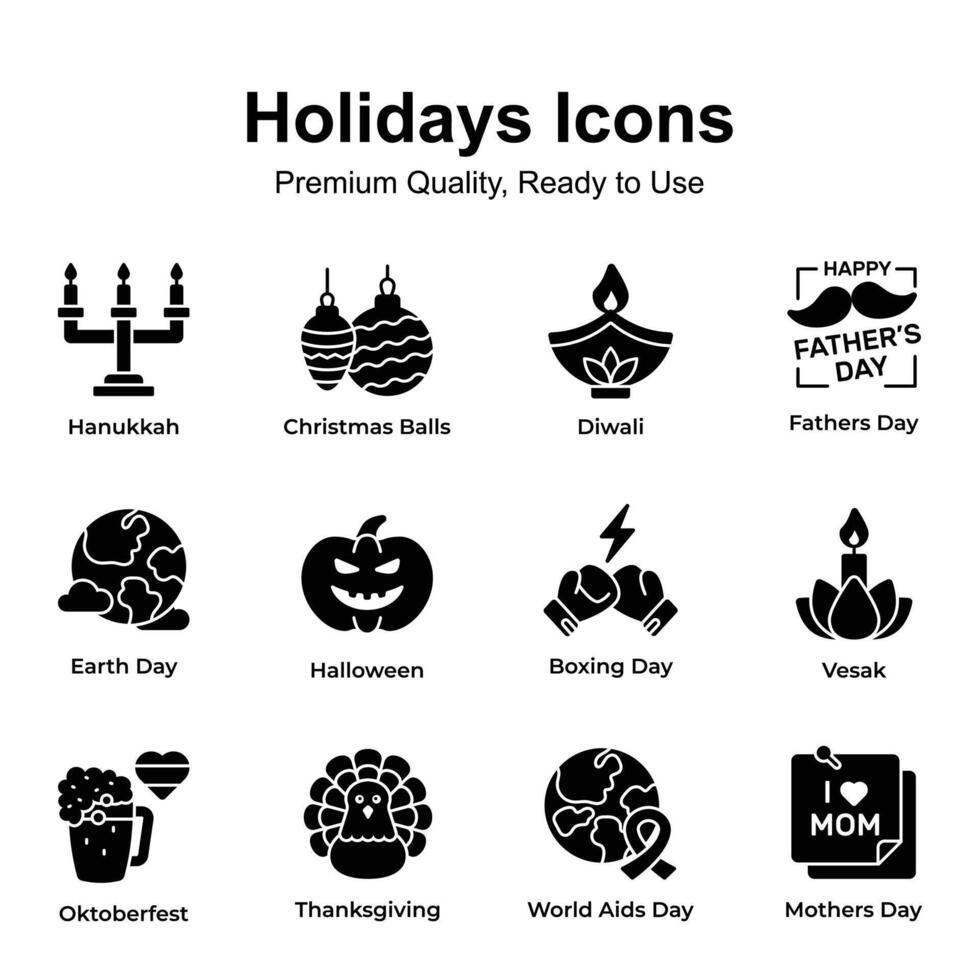 Grab this beautifully crafted holiday and festival icons pack, premium vectors set