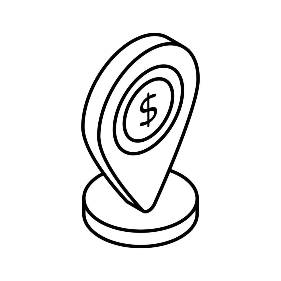 Dollar coin inside location pin showing concept isometric vector of bank location