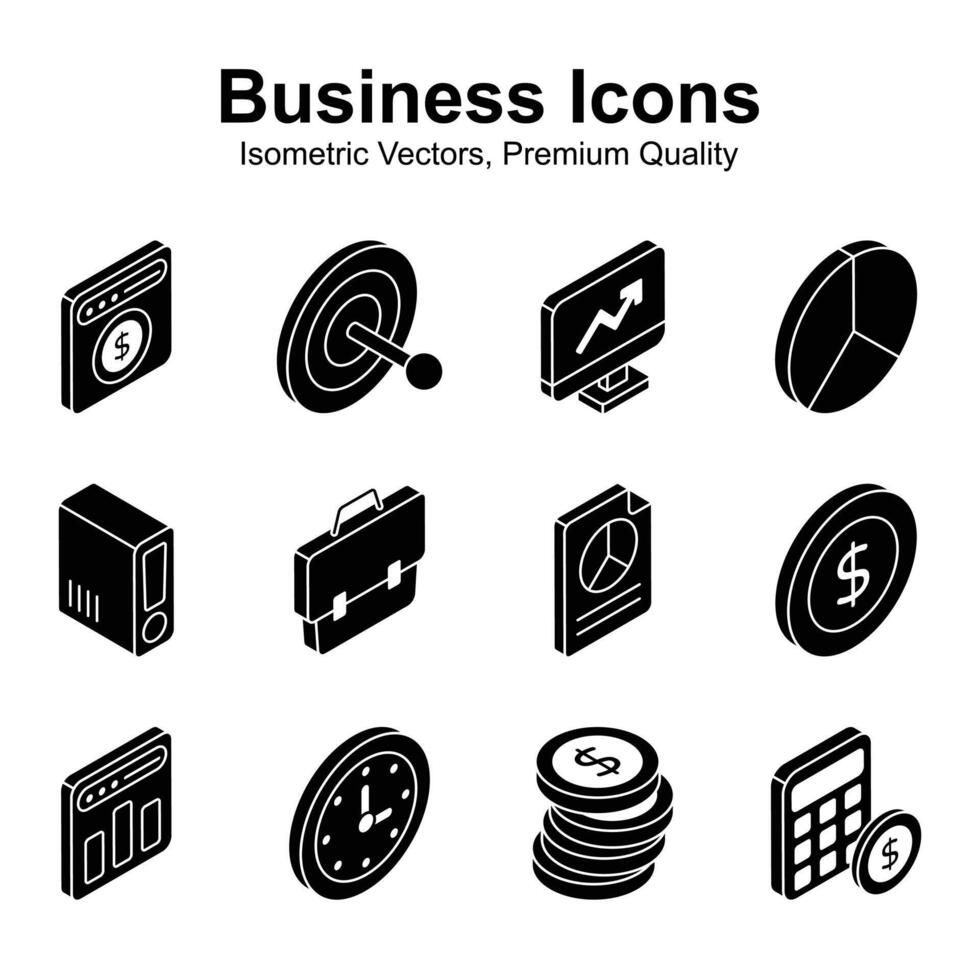 Grab this carefully crafted business isometric icons set in trendy style, ready for premium use vector