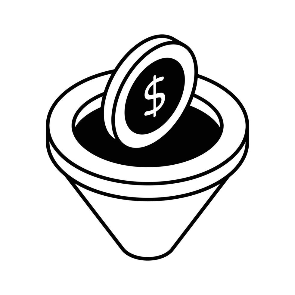 Dollar with funnel, concept of money filter isometric vector