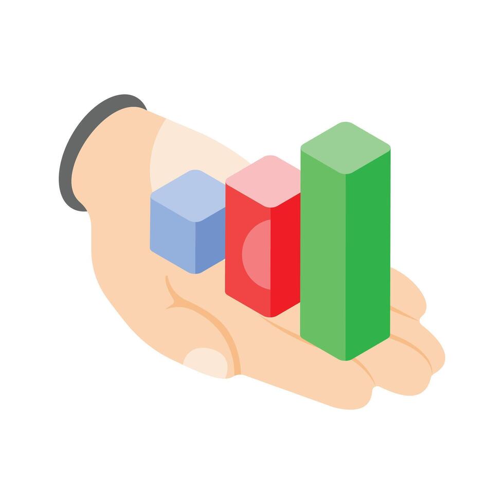 Hand holding bar chart showing concept isometric icon of data services vector