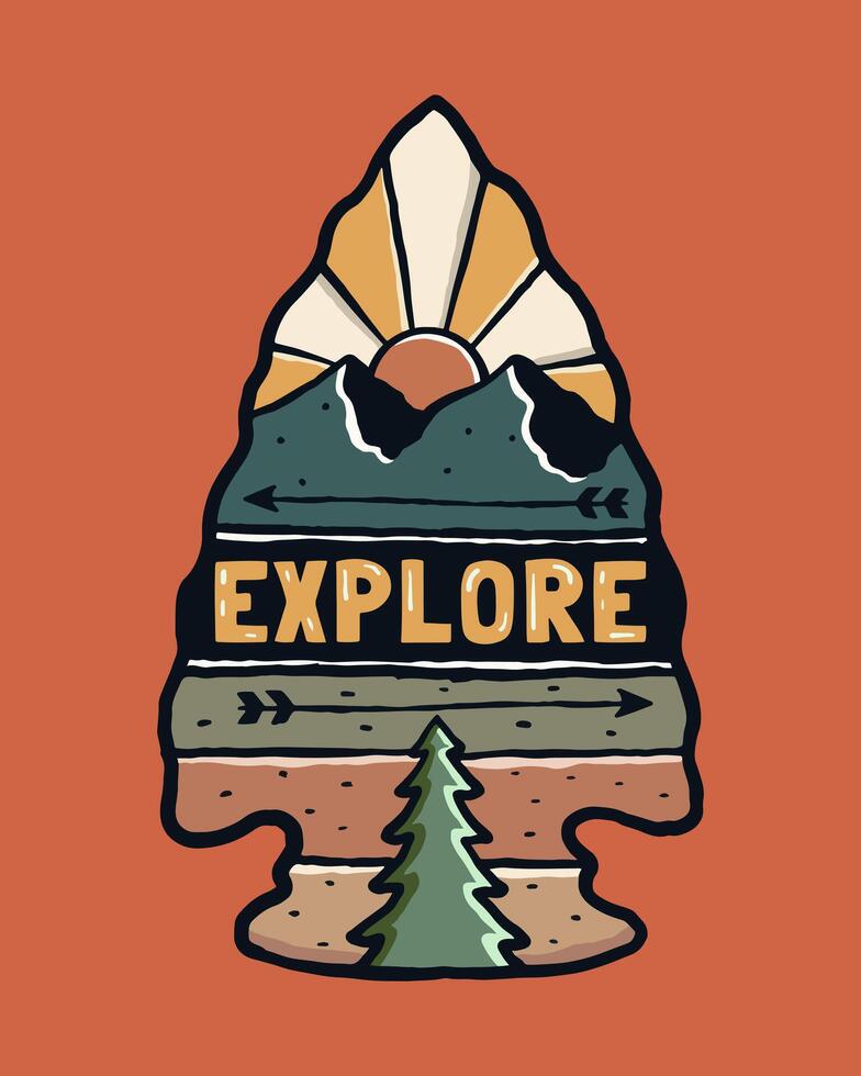 Vintage illustration of explore letter on the middle arrowhead shape and nature view illustration on it vector