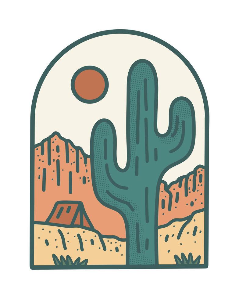 Camp on wild desert mono line vector design for t shirt badge patch sticker illustration