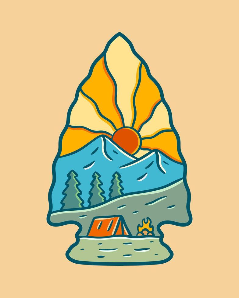 Camping and warmed by bonfire under mountain in arrowhead shape vector design for badge, sticker, patch, t shirt design, etc