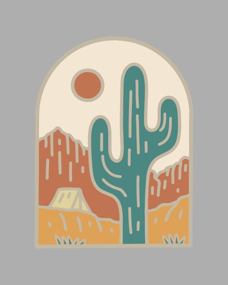 Camp on wild desert mono line flat vector design