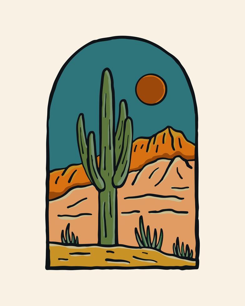 The view of wild desert vintage design for t shirt badge patch sticker and other illustration vector