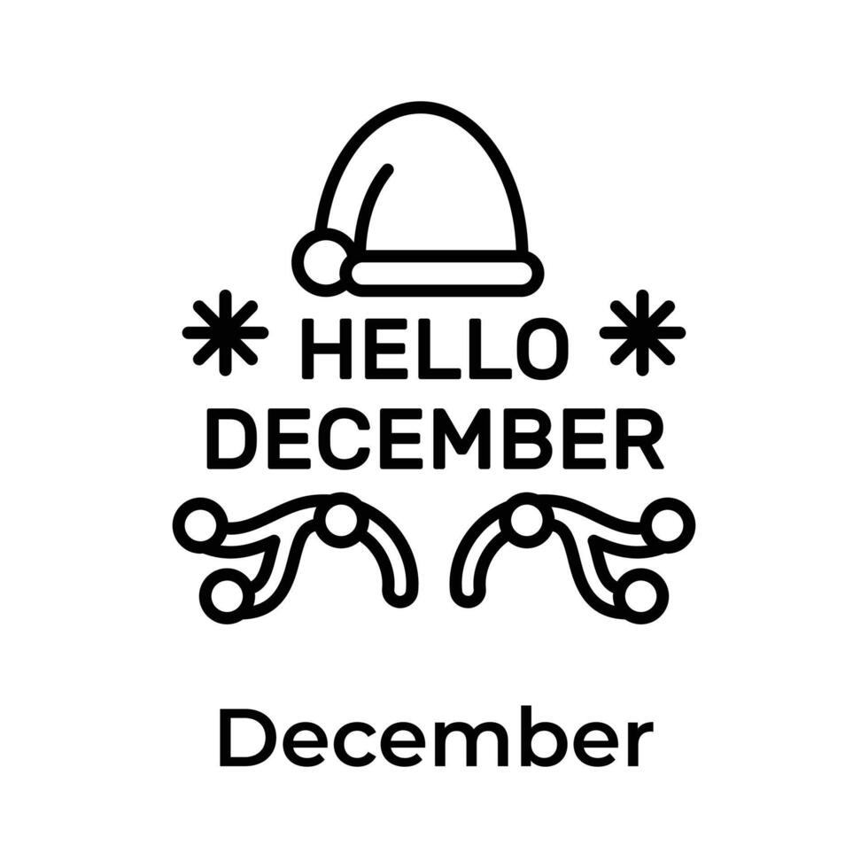 Hello december quote with santa hat, snowflakes and deer horns, isolated on white background vector