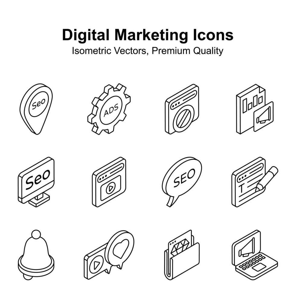 Ready to use digital marketing isometric vectors set, premium vectors