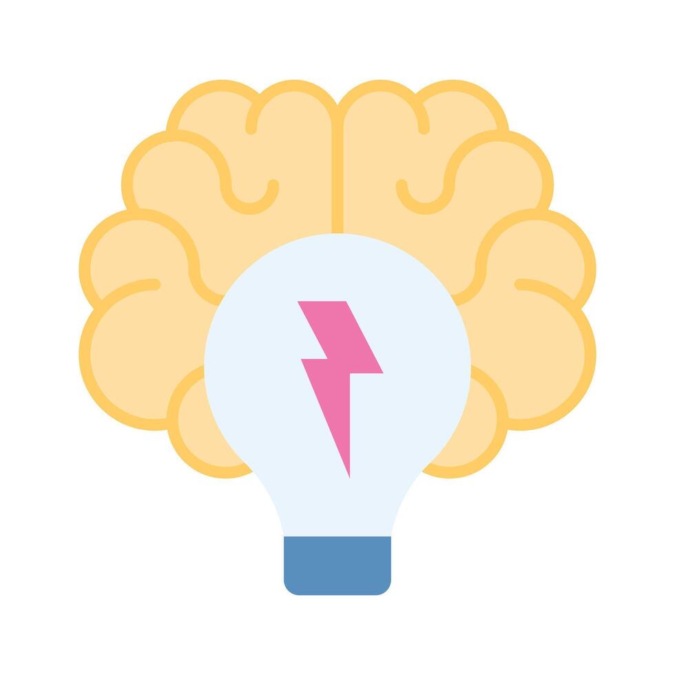 Thunderbolt inside lightbulb with human brain, flat concept icon of brainstorming vector