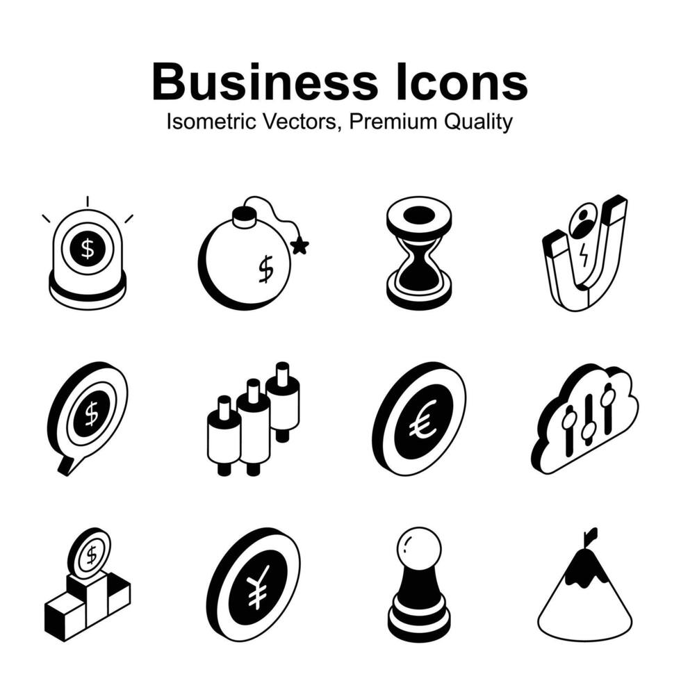Grab this beautifully designed business and finance isometric icons set in modern style vector