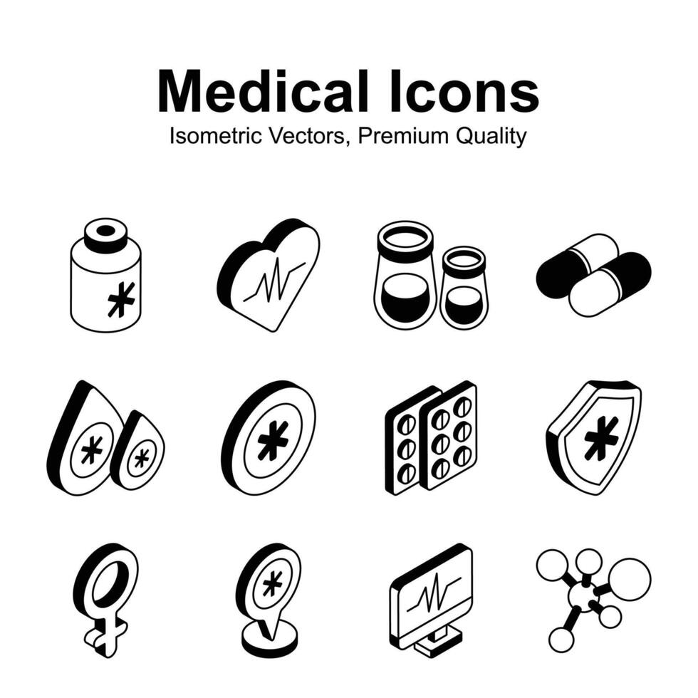 Get your hold on this beautiful designed medical and healthcare isometric icons vector