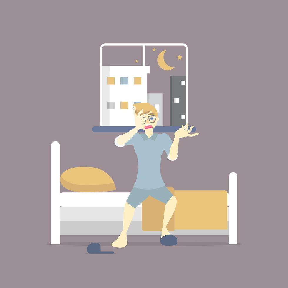 stress man lying on bed, health care sleeplessness disorder insomnia infographic concept, vector illustration cartoon flat character design clip art