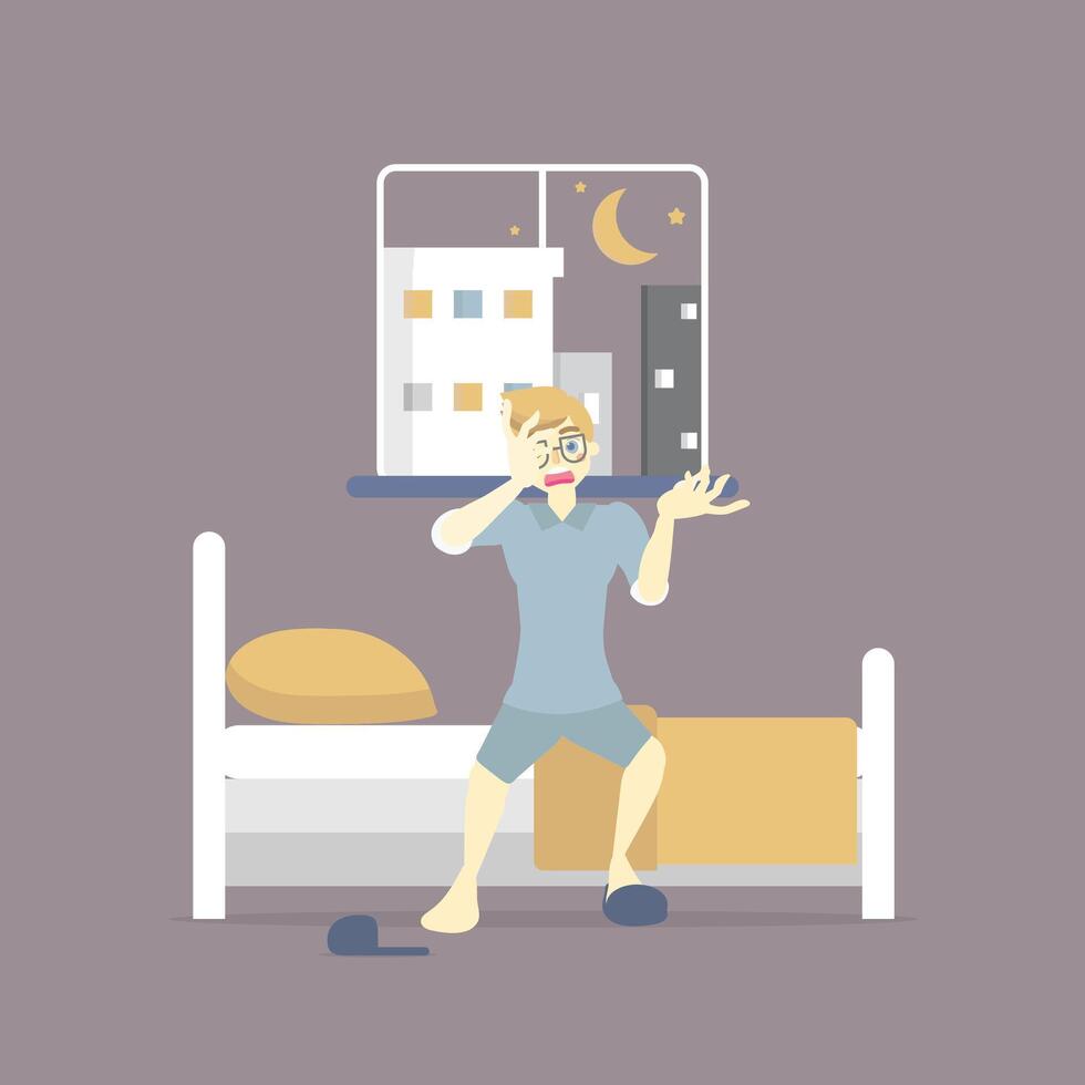 estrés hombre acostado en cama, salud cuidado insomnio trastorno insomnio infografía concepto, vector ilustración dibujos animados plano personaje diseño acortar Arte