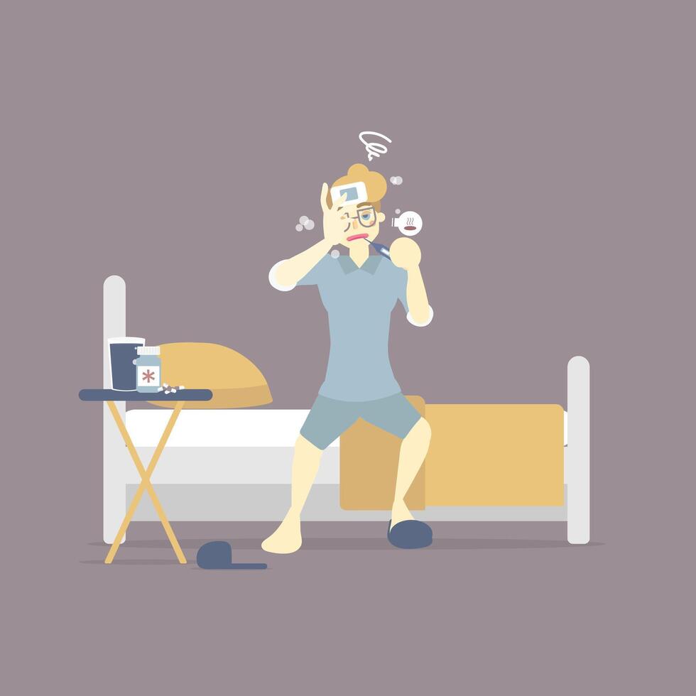 hombre acostado en cama con termómetro, medicamento, teniendo un frío y líquido nariz, fiebre gripe influenza, invierno, lluvioso estación, salud cuidado concepto, vector ilustración dibujos animados plano personaje diseño