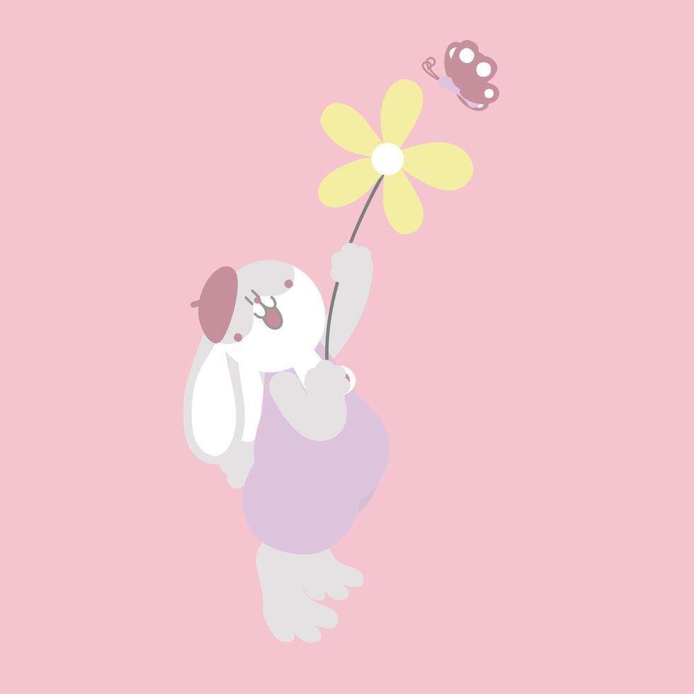 happy easter festival with animal pet bunny rabbit, flower and butterfly, pastel color, flat vector illustration cartoon character