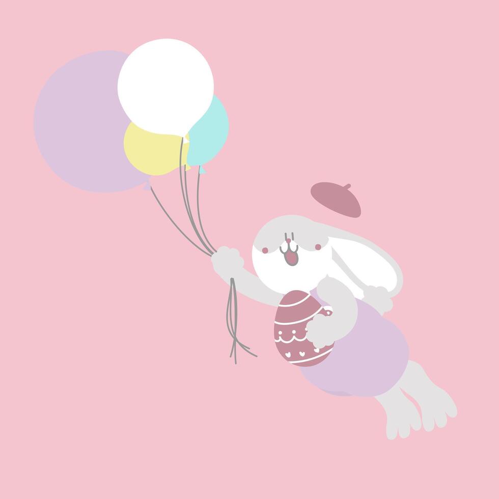 contento Pascua de Resurrección festival con animal mascota conejito conejo, globo y huevo, pastel color, plano vector ilustración dibujos animados personaje