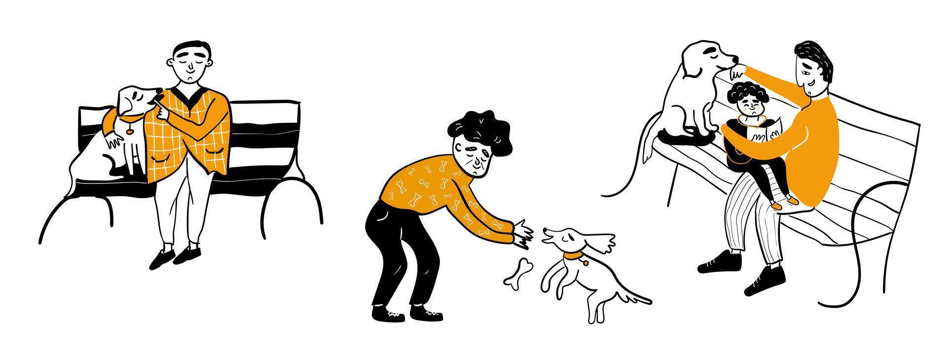 contento mascota perro propietarios tener divertido con su perros al aire libre. conjunto de vector garabatear ilustraciones aislado en blanco antecedentes.
