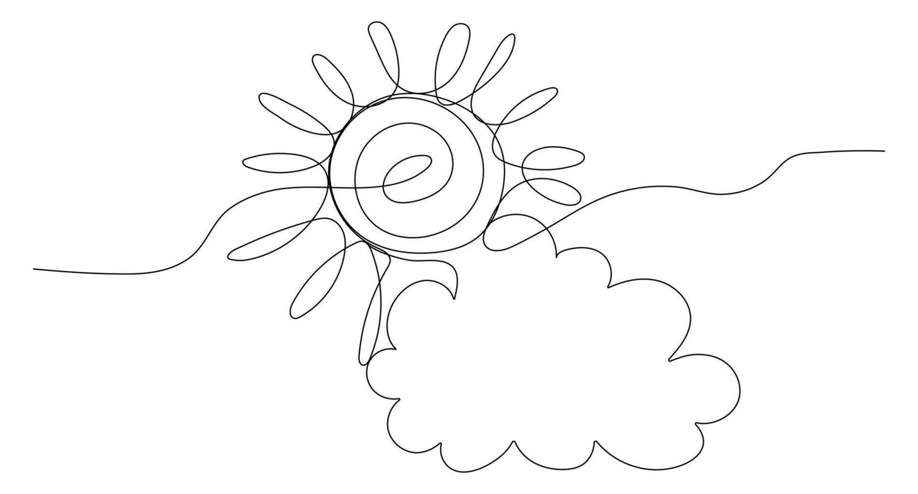 Sun and cloud doodle icon in one line continuous style. Vector weather illustration isolated on white background.