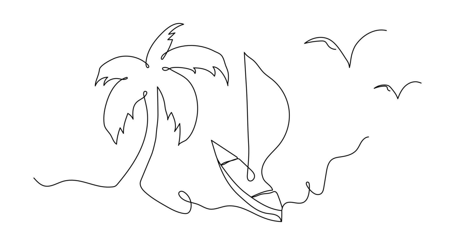 Continuous line abstract palm tree with boat on the beach and doodle seagull on the sky. Sketch art of holiday concept. Vector illustration isolated on white background.