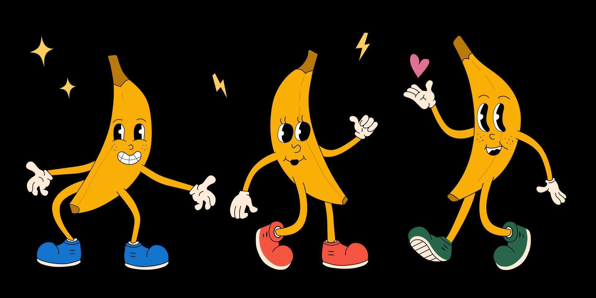 maravilloso retro plátano dibujos animados personaje conjunto con de moda diseño elementos. vector Clásico ilustración en negro antecedentes.