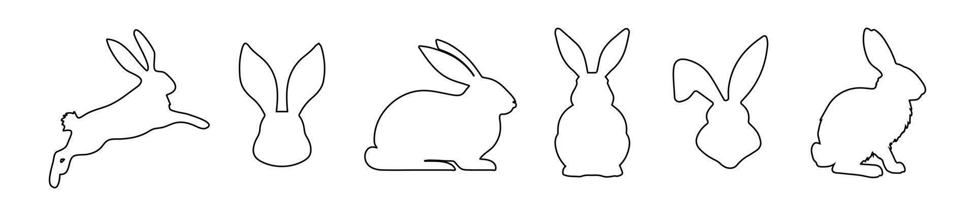 conjunto de conejos en describir. Pascua de Resurrección conejitos aislado en un blanco antecedentes. un sencillo negro íconos de liebres linda animales ideal para logo, emblema, pictograma, imprimir, diseño elemento para saludo tarjeta. vector