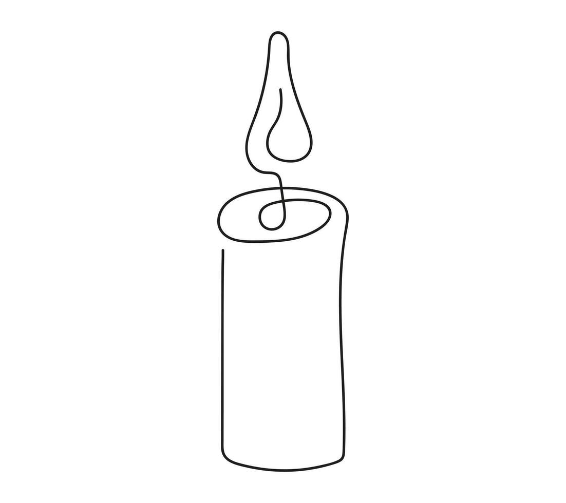 Wax candle with flame. Burning decorative candle. Continuous one line drawing. Line art. Isolated on white background. Design element for print, greeting, postcard, scrapbooking. Black and white. vector