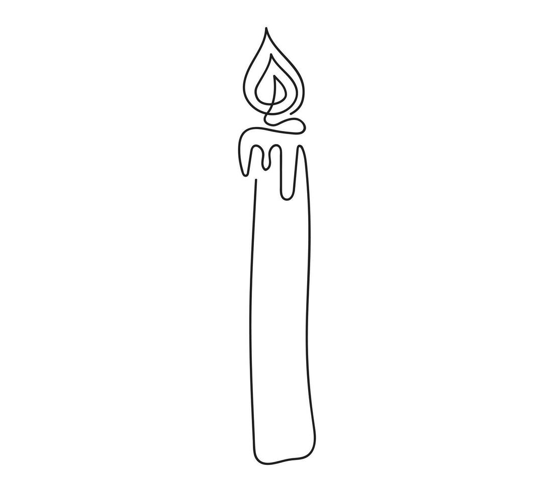 Wax candle with flame. Burning decorative candle. Continuous one line drawing. Line art. Isolated on white background. Design element for print, greeting, postcard, scrapbooking. Black and white. vector