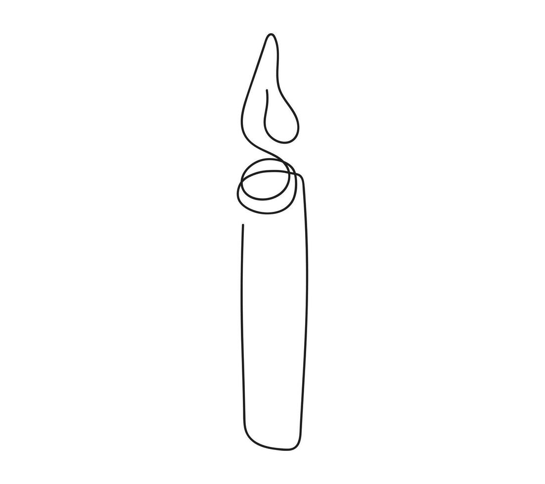 cera vela con fuego. ardiente decorativo vela. continuo uno línea dibujo. línea Arte. aislado en blanco antecedentes. diseño elemento para imprimir, saludo, tarjeta postal, álbum de recortes negro y blanco. vector