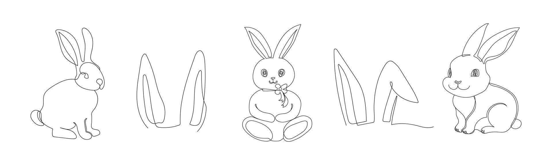 Set of rabbits and bunny ears. Continuous one line drawing. Simple line art. Isolated on white background. Minimalist style. Design elements for print, greeting, postcard, scrapbooking. vector