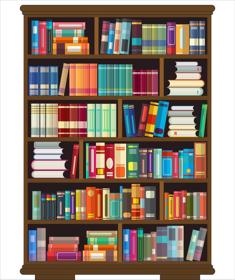 libros en estantería en plano diseño estilo vector ilustración