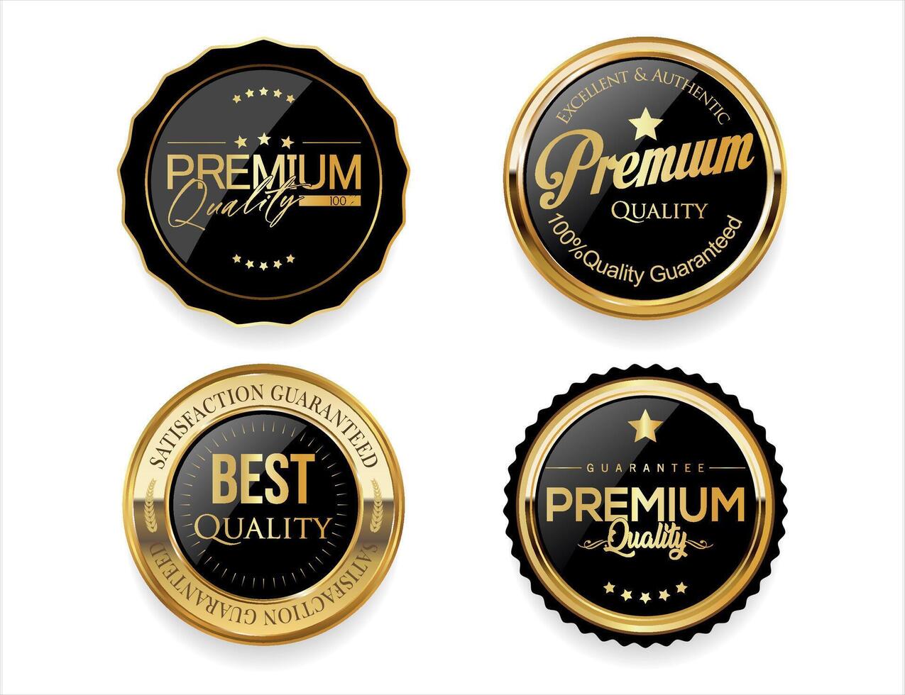 Collection of golden premium quality badges vector illustration