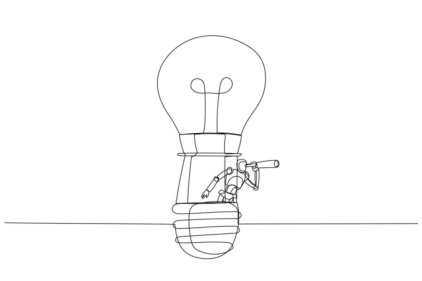 Drawing of Vector Robot chatbot riding light bulb balloon using spyglass,AI in science and business