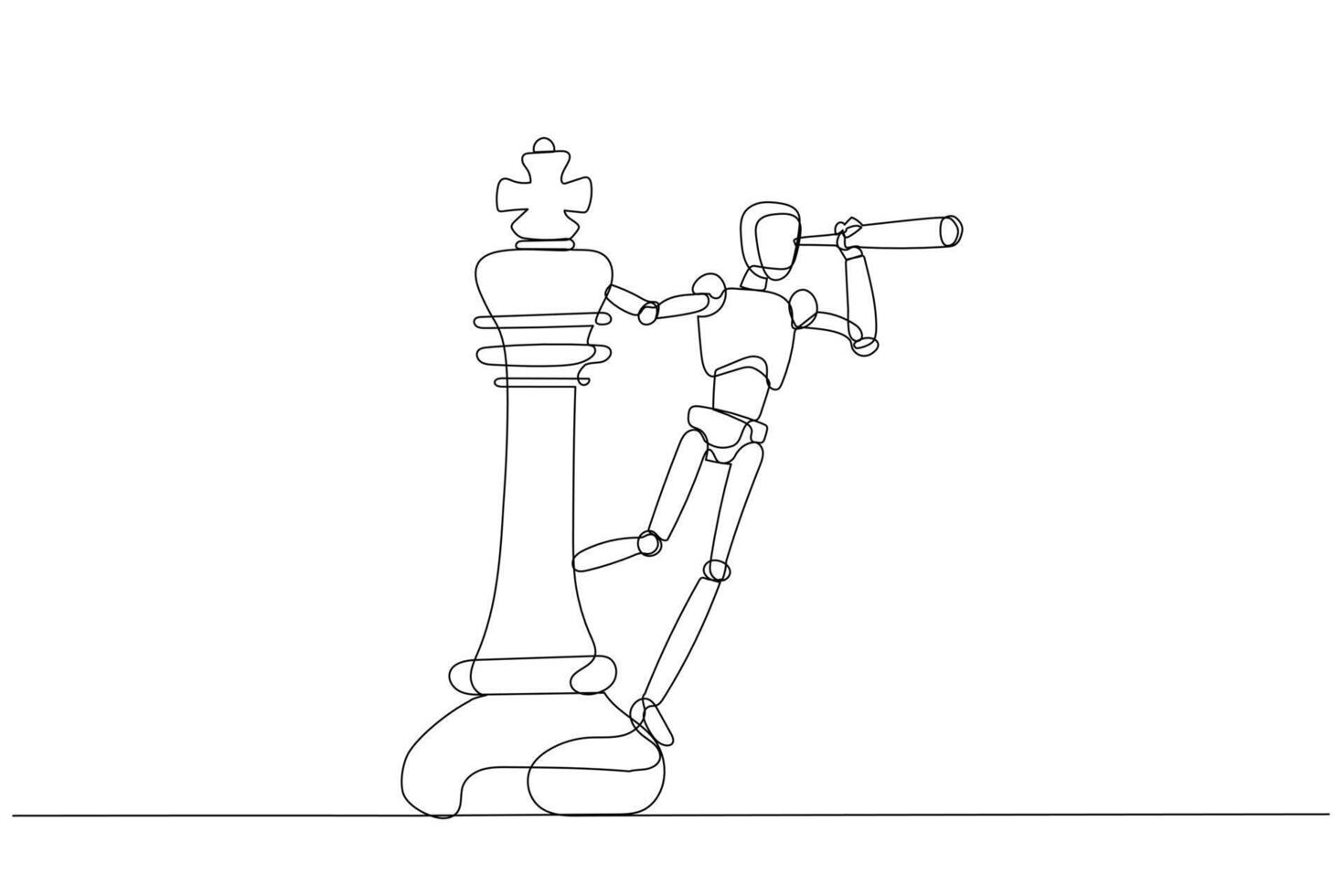 Cartoon of Vector Robot chatbot,AI in science and business on king chess piece using telescope to see business strategy.