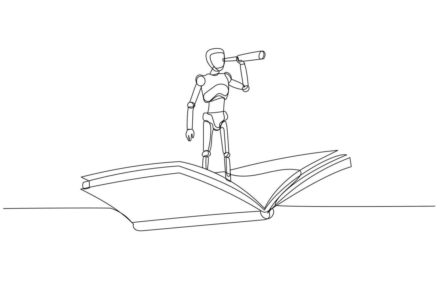 Drawing of Vector Robot chatbot,AI in science and business using telescope on flying book