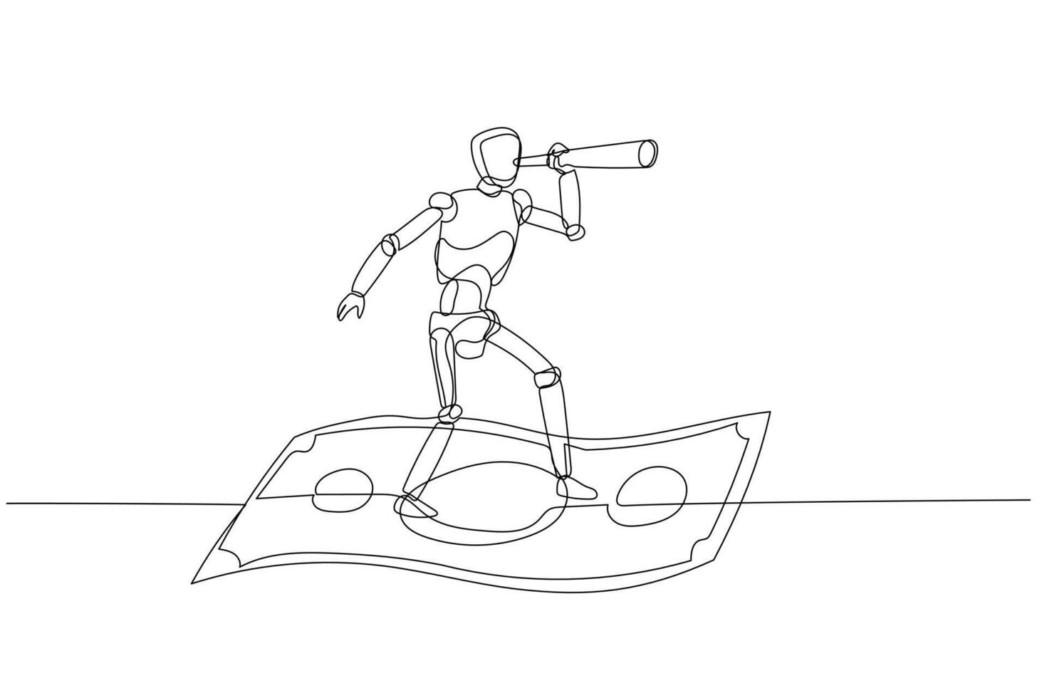 Drawing of Vector Robot chatbot,AI in science and business riding flying banknote money using spyglass