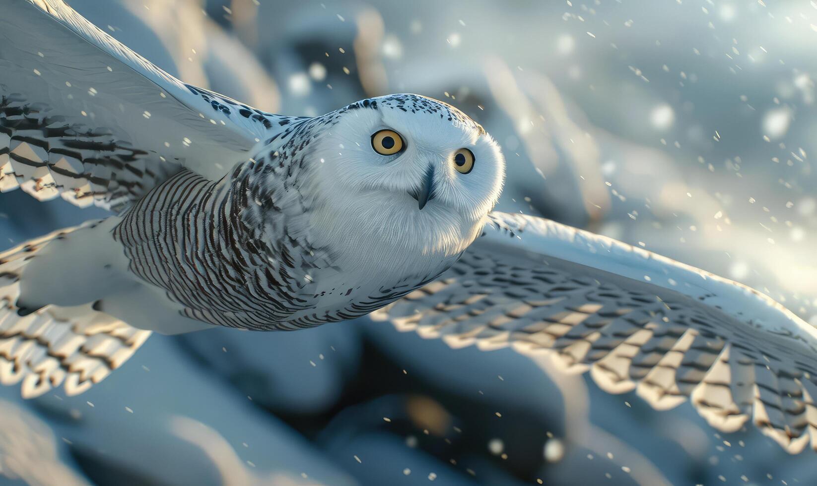 AI generated an owl flying through the snow photo