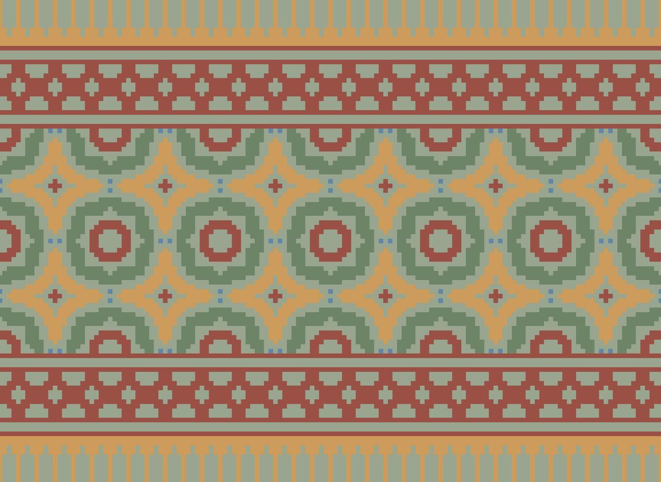 Ethnic Geometric Seamless Fabric Pattern Cross Stitch. Ikat Embroidery Oriental Pixel Pattern Cream Background. Abstract,vector,illustration. Texture,cross Stitch,scarf,decoration,motifs,wallpaper. vector