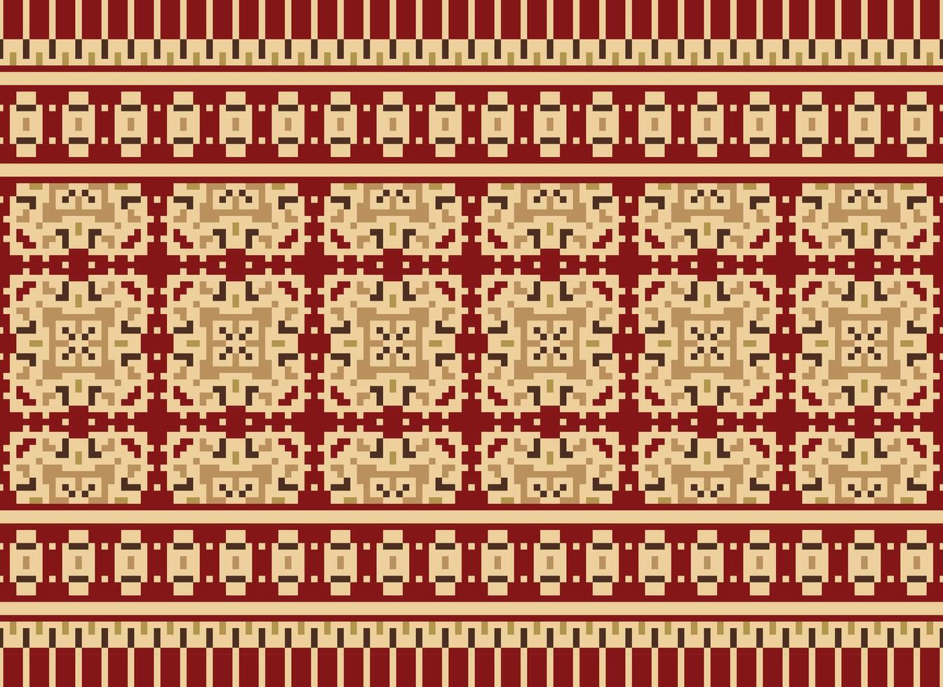 Ethnic Geometric Seamless Fabric Pattern Cross Stitch. Ikat Embroidery Oriental Pixel Pattern Cream Background. Abstract,vector,illustration. Texture,cross Stitch,scarf,decoration,motifs,wallpaper. vector