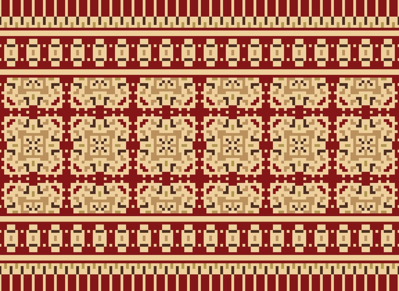 Ethnic Geometric Seamless Fabric Pattern Cross Stitch. Ikat Embroidery Oriental Pixel Pattern Cream Background. Abstract,vector,illustration. Texture,cross Stitch,scarf,decoration,motifs,wallpaper. vector