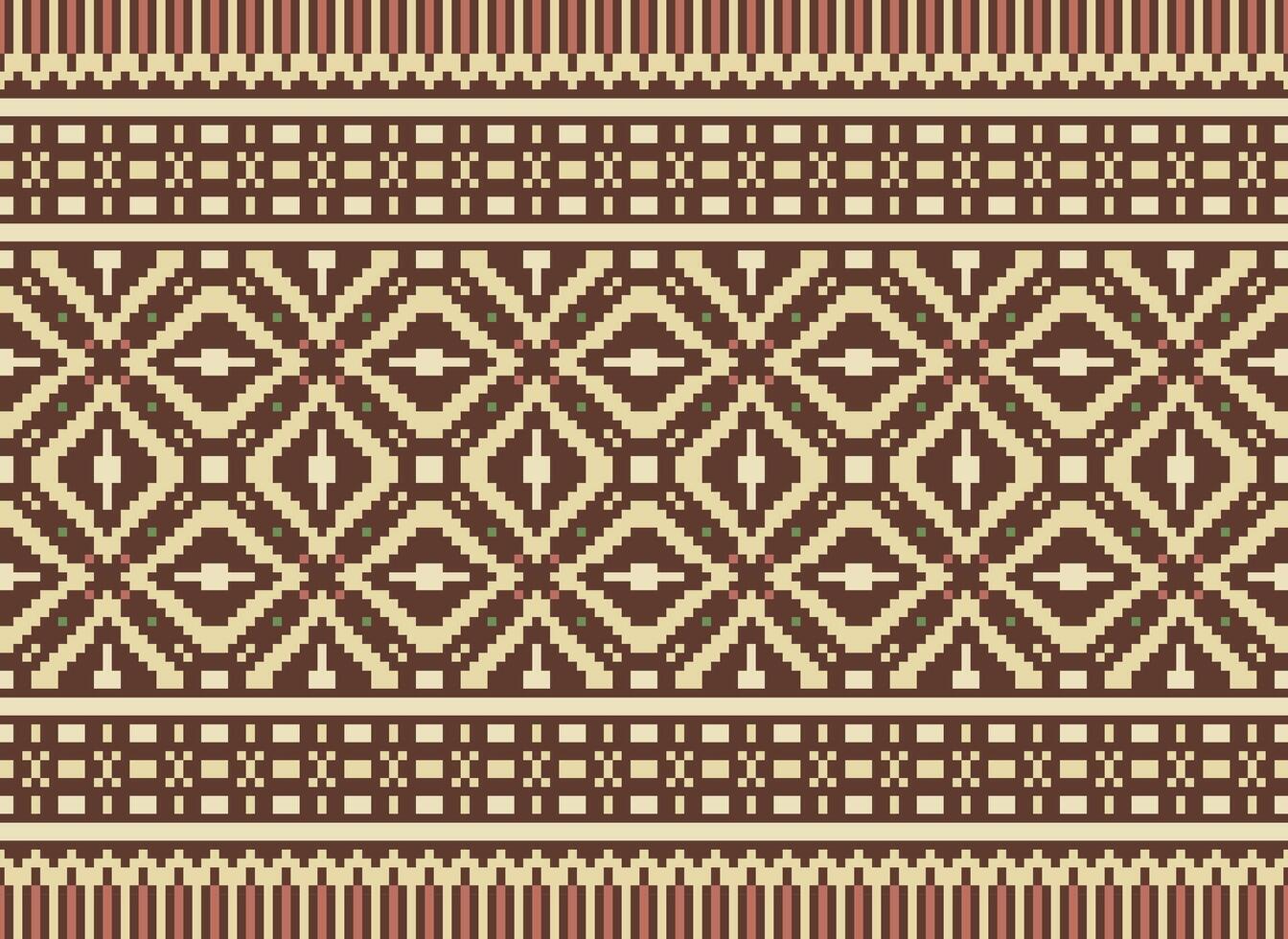 Ethnic Geometric Seamless Fabric Pattern Cross Stitch. Ikat Embroidery Oriental Pixel Pattern Cream Background. Abstract,vector,illustration. Texture,cross Stitch,scarf,decoration,motifs,wallpaper. vector