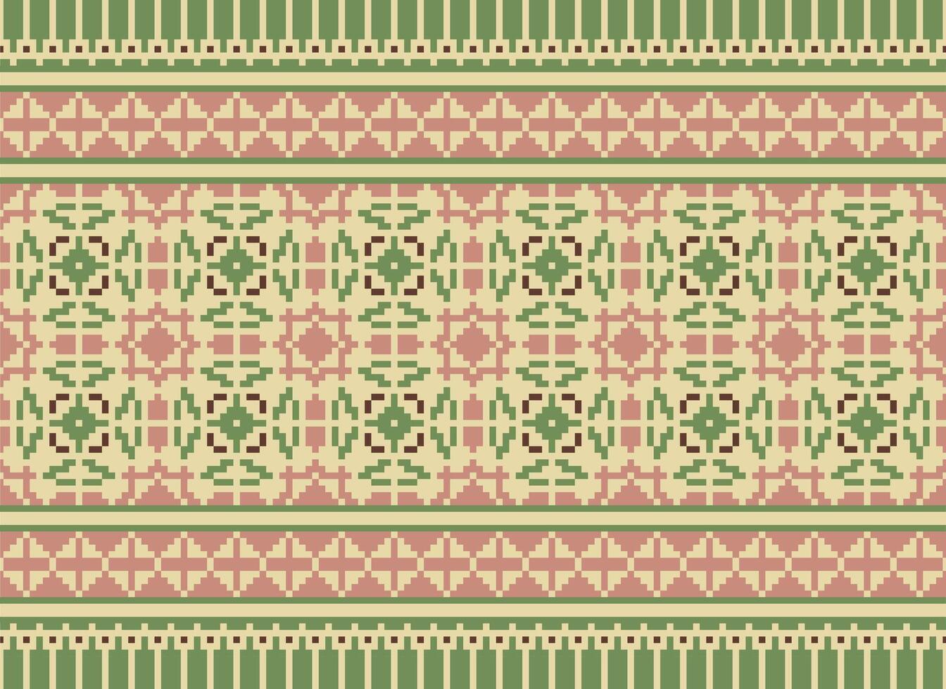 Ethnic Geometric Seamless Fabric Pattern Cross Stitch. Ikat Embroidery Oriental Pixel Pattern Cream Background. Abstract,vector,illustration. Texture,cross Stitch,scarf,decoration,motifs,wallpaper. vector