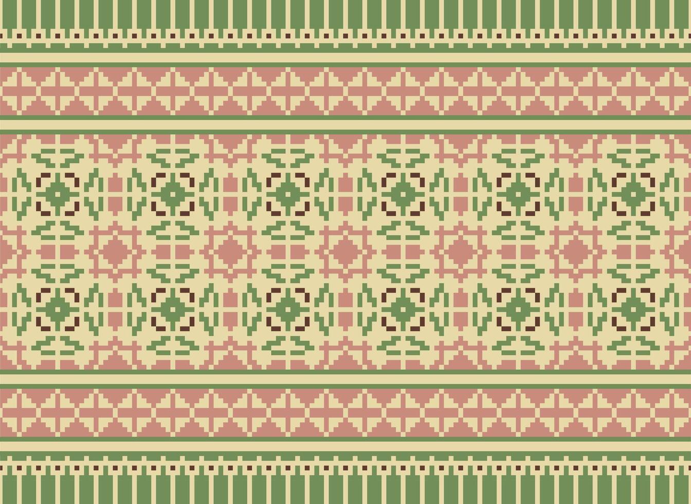 Ethnic Geometric Seamless Fabric Pattern Cross Stitch. Ikat Embroidery Oriental Pixel Pattern Cream Background. Abstract,vector,illustration. Texture,cross Stitch,scarf,decoration,motifs,wallpaper. vector