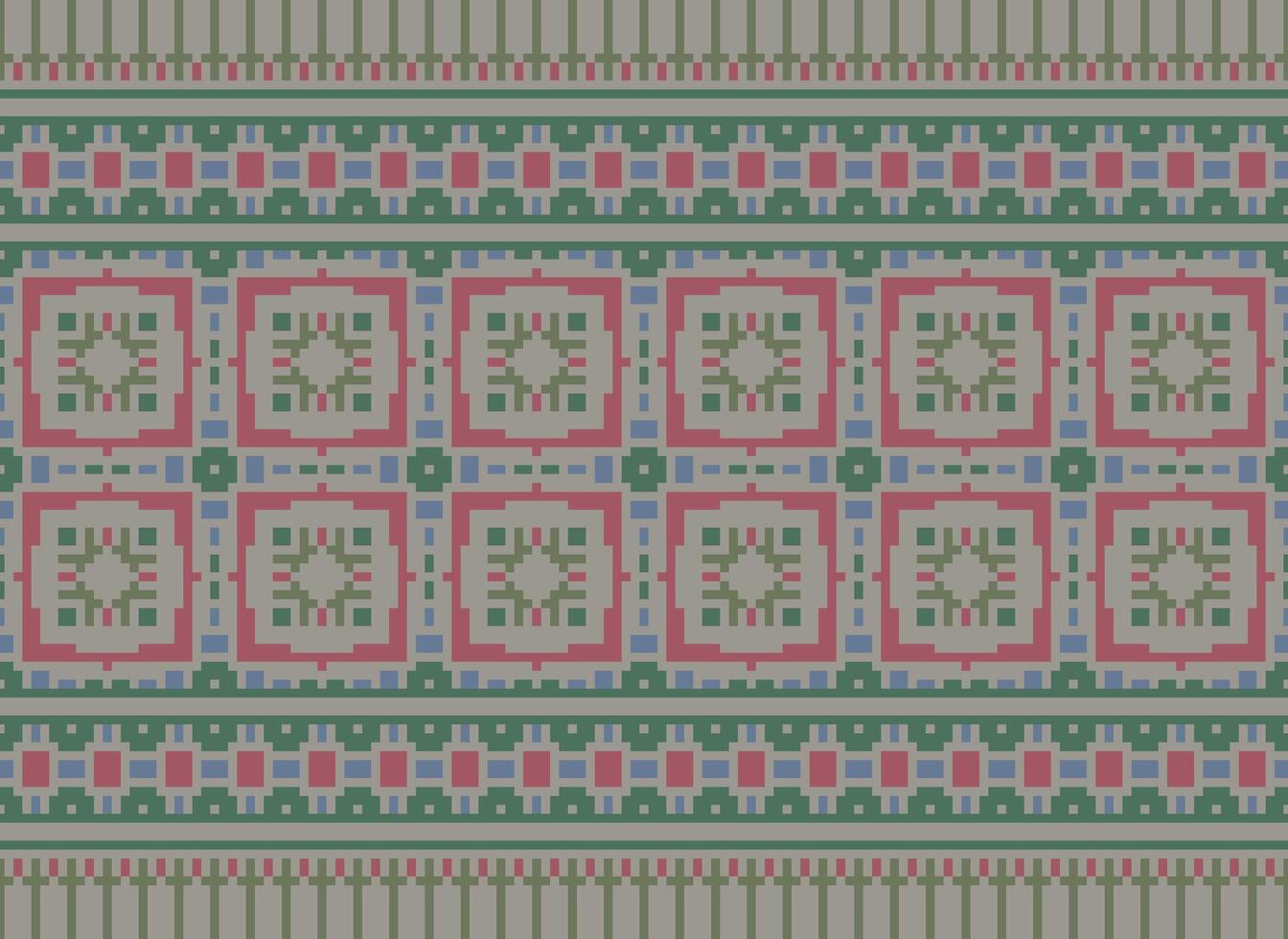 Ethnic Geometric Seamless Fabric Pattern Cross Stitch. Ikat Embroidery Oriental Pixel Pattern Cream Background. Abstract,vector,illustration. Texture,cross Stitch,scarf,decoration,motifs,wallpaper. vector